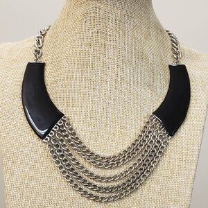 Silver tone, heavy chunky vintage metal black drop chain fashion necklace